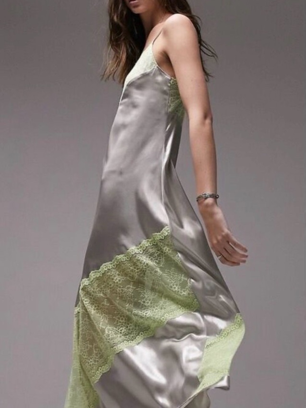 Topshop Silver Slip Dress with Lime Lace Trim - Picture 3 of 10